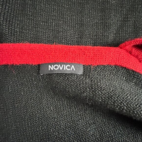 Novica Women's Black Red Alpaca Wool Poncho Cardigan Sweater Artisan Knit Cozy - Picture 3 of 6